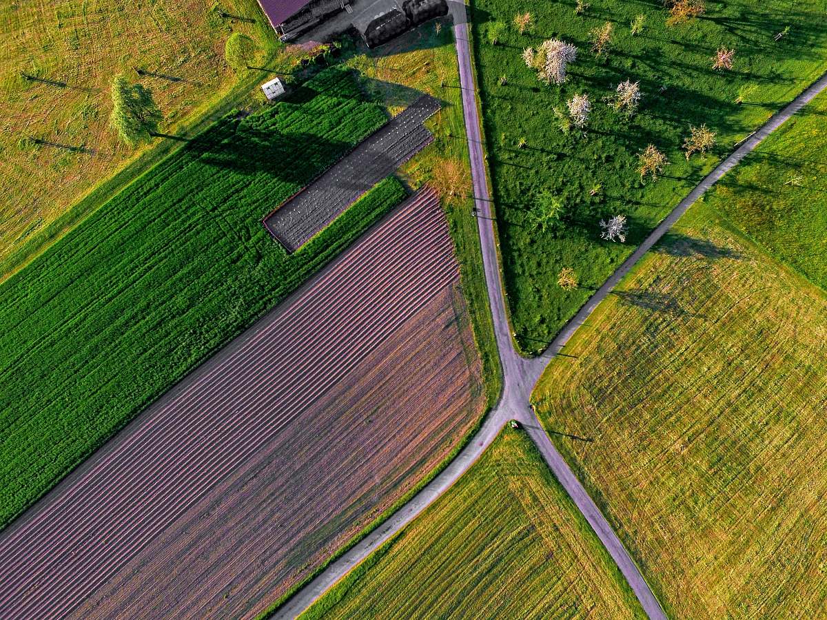 lane aerial view of plain and road road